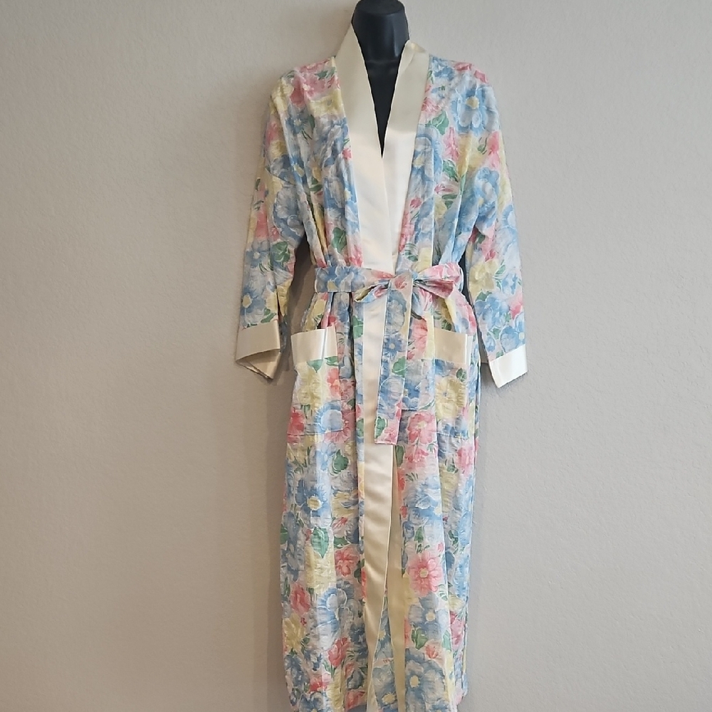 Appel | Women's Vintage Seersucker Floral Satin Trim Pockets Robe Sz M